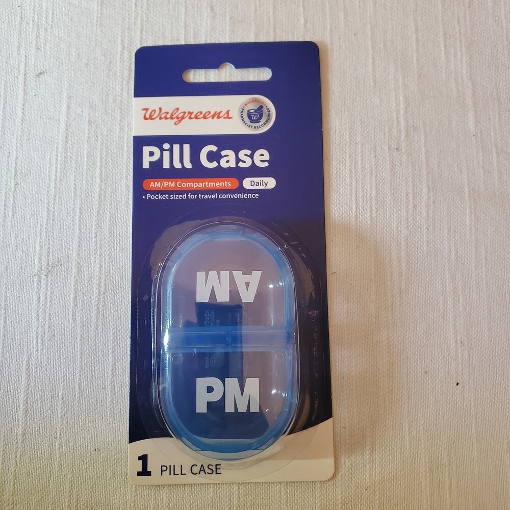 Walgreens AM PM Pill Case Daily Organizer 2 Compartments Blue Push Button 1-Day